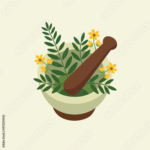 Ayurveda Organic Herbal Medicine Mortar and Pestle Vector Illustration 