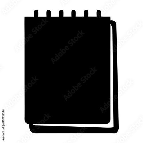 A minimalist black notepad icon with rounded corners and ring binding