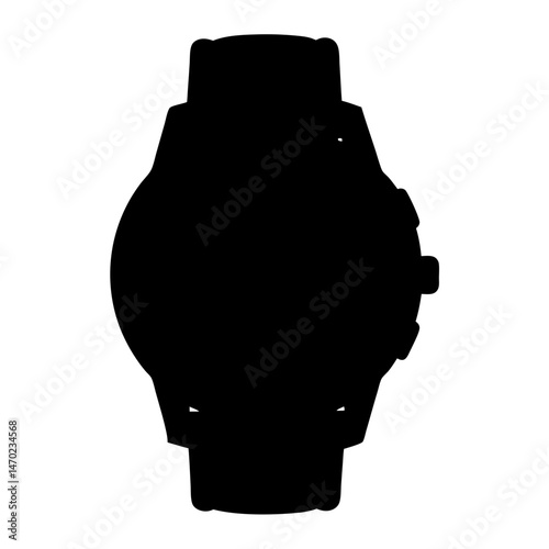 Black silhouette of an analog smart watch on a solid white background