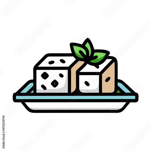 Tofu Block with Garnish on Tray Icon Representing Vegetarian Dish and Healthy Meal