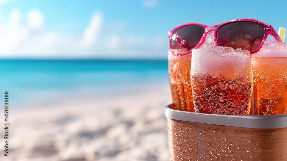 Refreshing drinks in cooler box with beautiful beach and ocean view on a sunny summer day