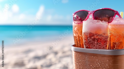Obraz na płótnie Refreshing drinks in cooler box with beautiful beach and ocean view on a sunny summer day w salonie