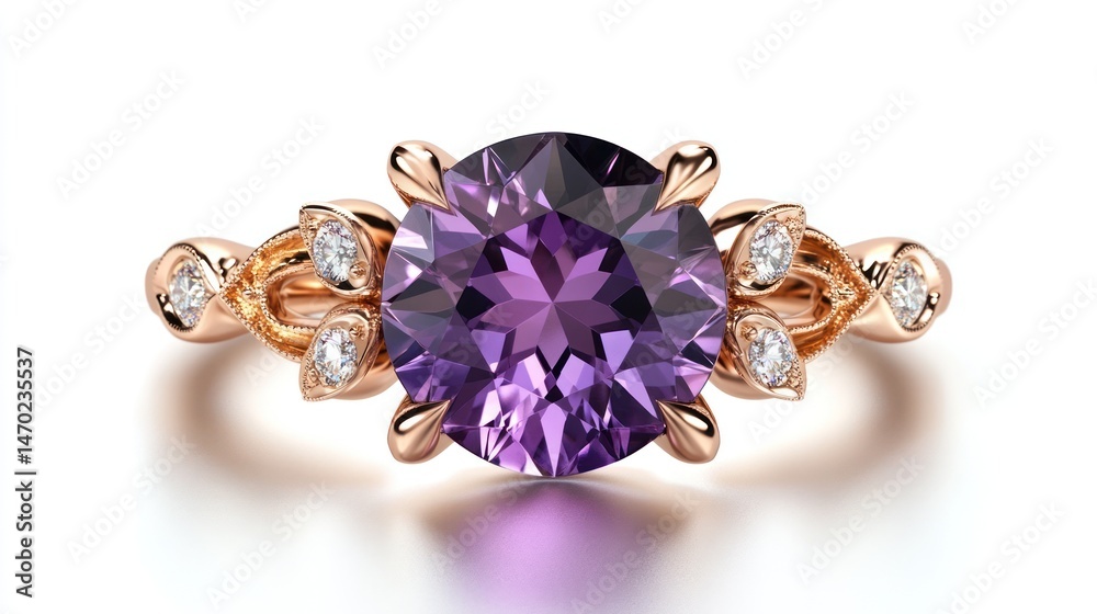 Fototapeta premium Delicate amethyst ring with rose gold setting and diamond accents