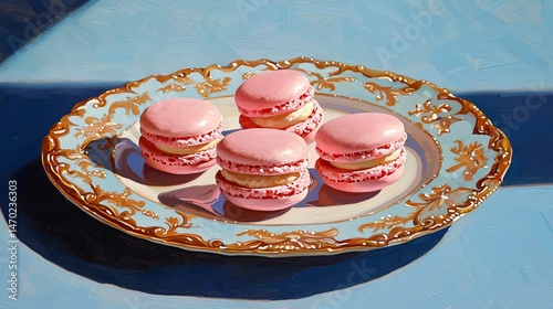 dessert plate with macarons in pastel tones, elegant shadows and open margin for layout use, painted on rough grain paper with soft edges
