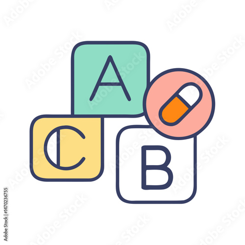 Vitamins A, B, C Pills Icon Representing Multivitamin Supplements and Nutritional Health