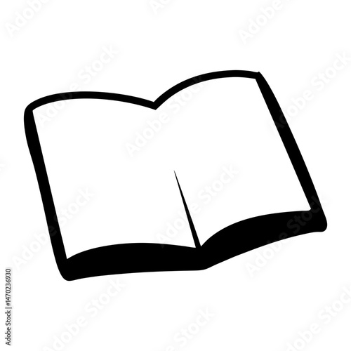 Simple black and white drawing of an open book with blank pages