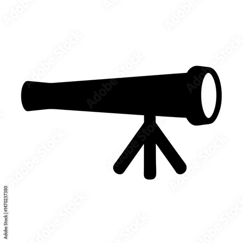 Black silhouette of a telescope on a tripod against a white background