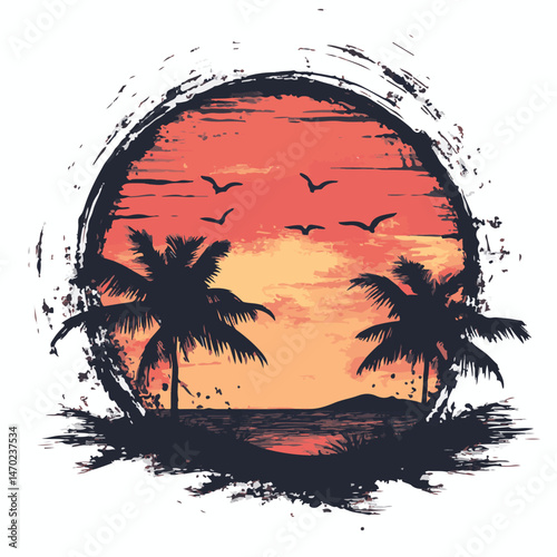 Tropical Sunset With Palm Trees And Birds In Grunge Circle Graphic Style