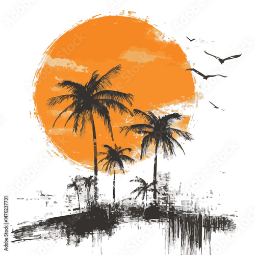 Tropical Sunset Vector Illustration With Palm Trees And Birds Silhouette In Grunge Style Artistic Design