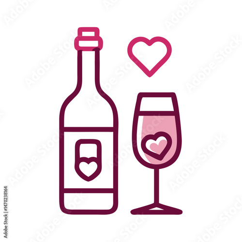 Wine Bottle and Glass Icon Representing Wedding Celebration or Toast