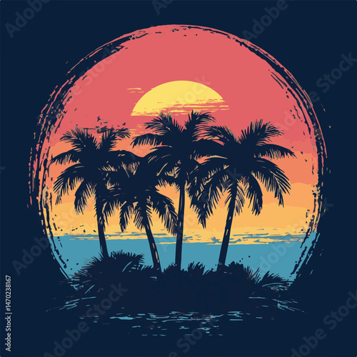 Tropical Sunset Vector Illustration With Palm Trees And Distressed Circle Frame For Summer Designs
