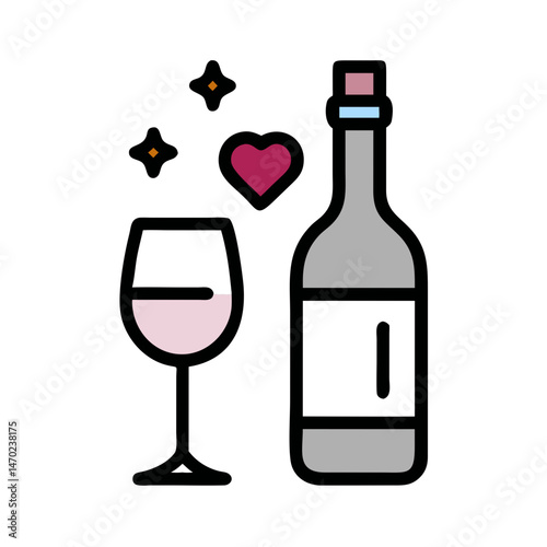 Wine Bottle and Glass Icon Representing Wedding Celebration or Toast