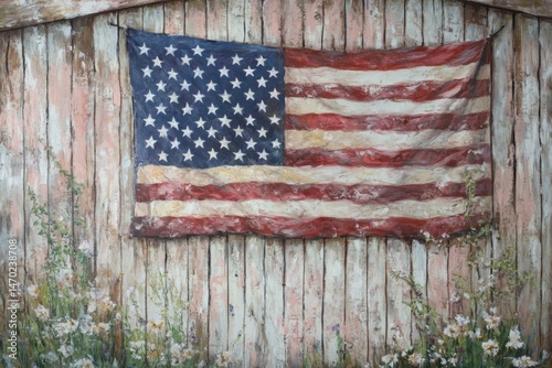 Rustic wooden wall with vintage American flag and soft wildflowers in front