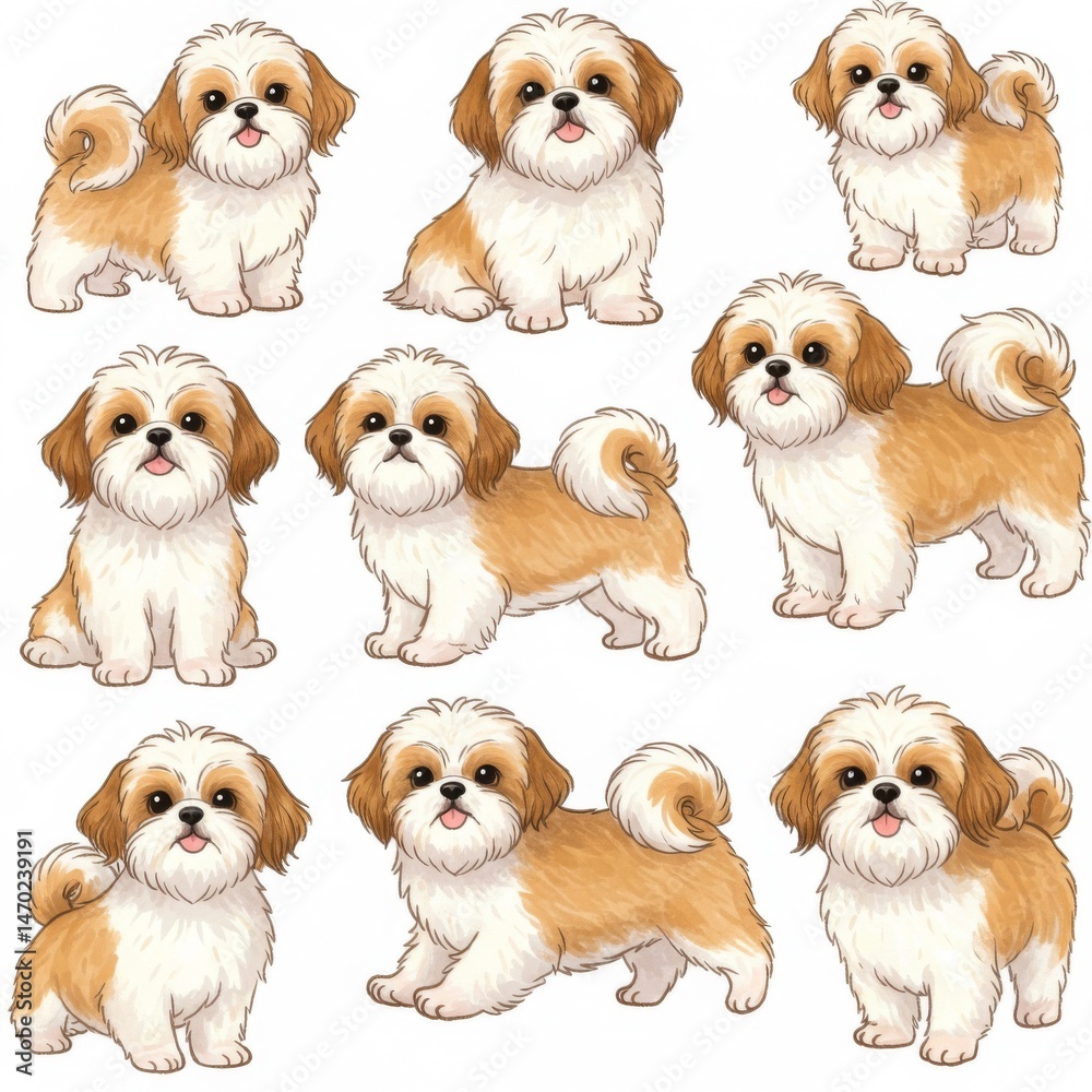 Obraz premium Adorable Shih Tzu Puppies Illustration Set
