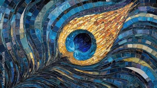 Detailed peacock feather mosaic art