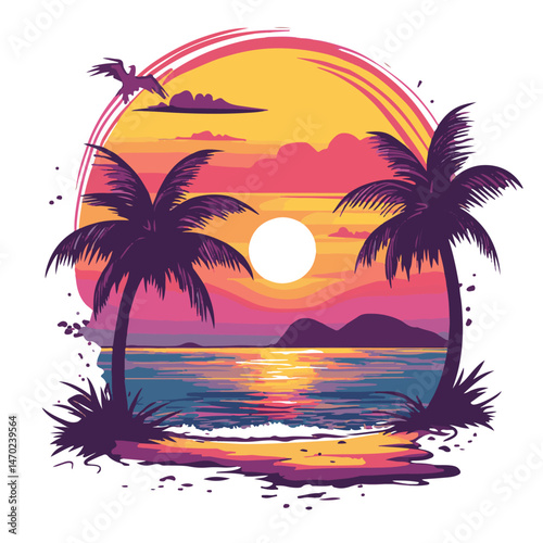 Vibrant Tropical Sunset With Palm Trees And Ocean View Graphic Illustration