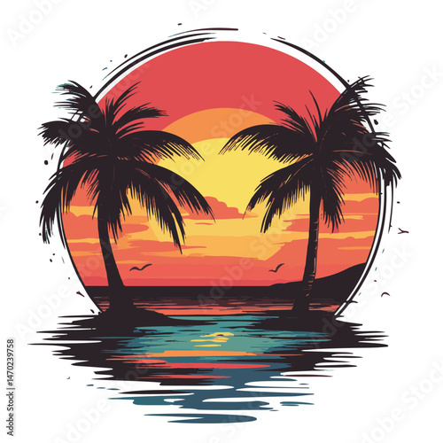 Tropical Sunset Beach With Palm Trees Vector Illustration Serene Island Paradise Art Print Summer Vacation Graphic Design