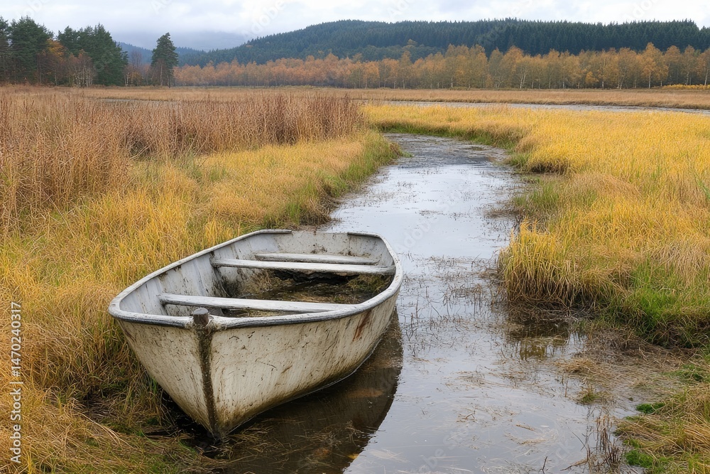 Obraz premium Empty Rowboat in Autumn Marsh