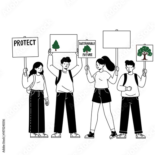 Teenage environmental protest with activists holding signs for protection and sustainability in a black and white illustration
