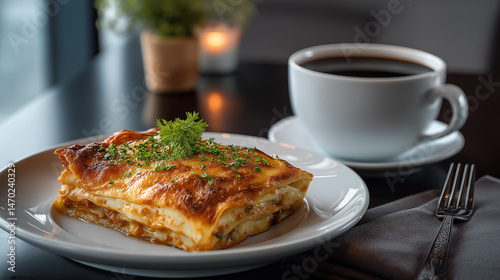 Delicious Homemade Lasagna Slice with Fresh Coffee in a Café Setting