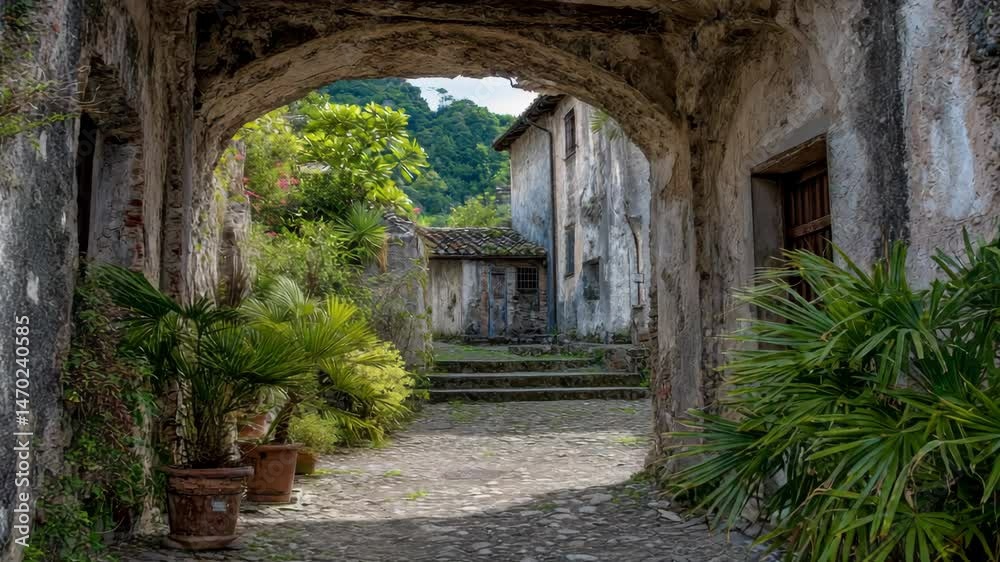 View of a stone archway looking onto a building with green foliage and stone steps leading up to the building on a sunny day View of a stone archway looking onto a building with green foliage and stone steps leading up to the building on a sunny day