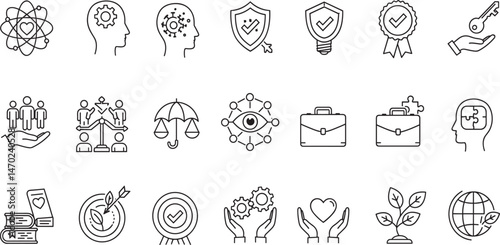 Business ethics and core values editable stroke outline icons set isolated on white background flat vector illustration