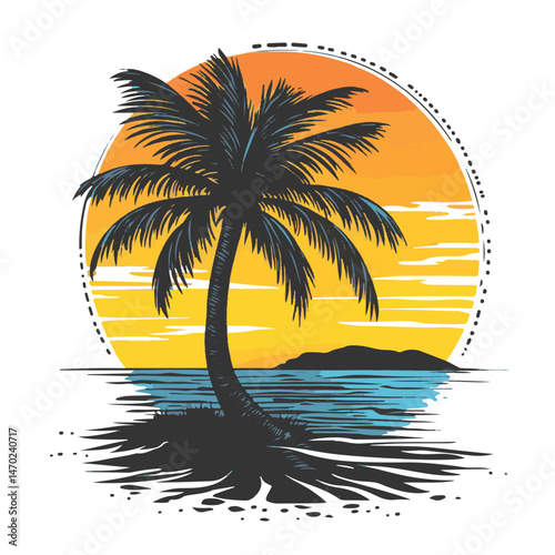 Tropical Palm Tree Silhouette At Sunset Over The Ocean With Distressed Graphic Style
