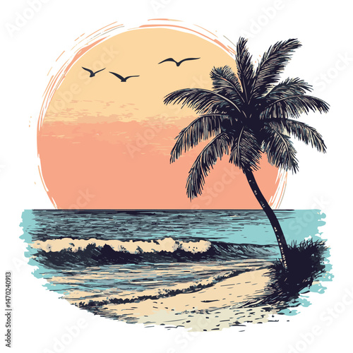 Tropical Beach Scene With Palm Tree Sunset And Birds Graphic Illustration