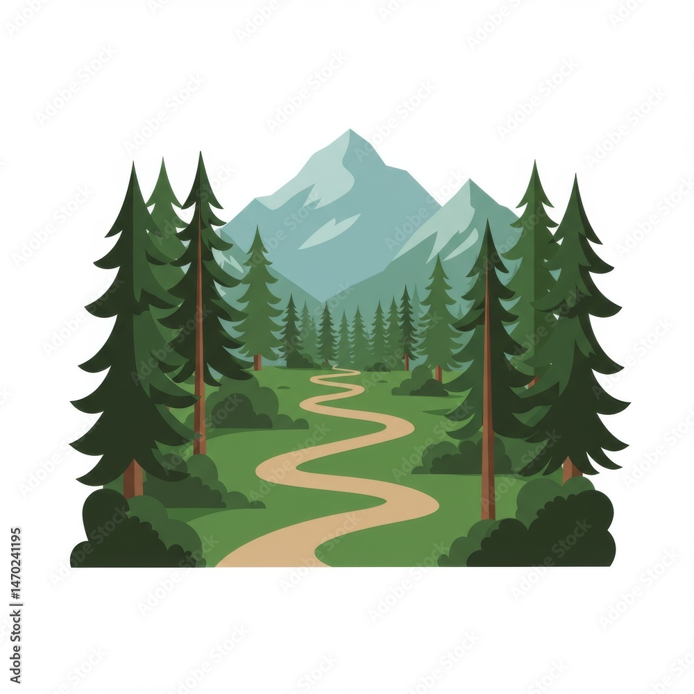 Fototapeta premium Winding Path Through a Green Forest Towards Snowy Mountain