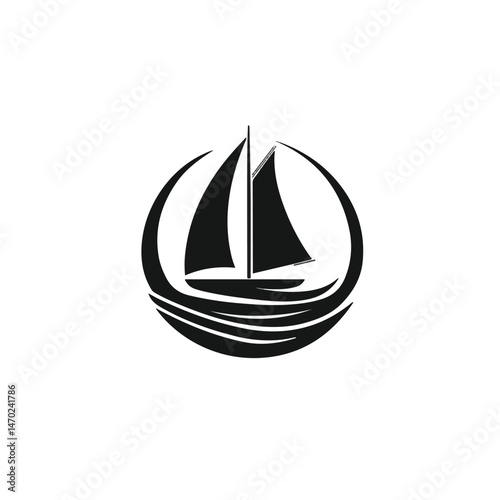 Minimalist Silhouette Of A Sailboat On The Ocean With Circular Waves In Black And White