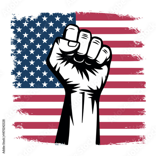 Powerful Patriotic Raised Fist on American Flag Background