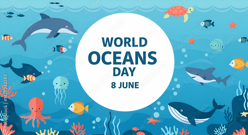 Naklejka premium World Ocean Day - Illustration with Marine Animals