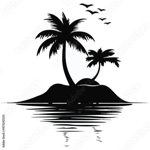Tropical Island Silhouette With Palm Trees And Birds Reflecting In Water Vector Illustration