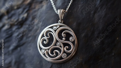 Elegant circular pendant with intricate swirls and sparkling accents photo