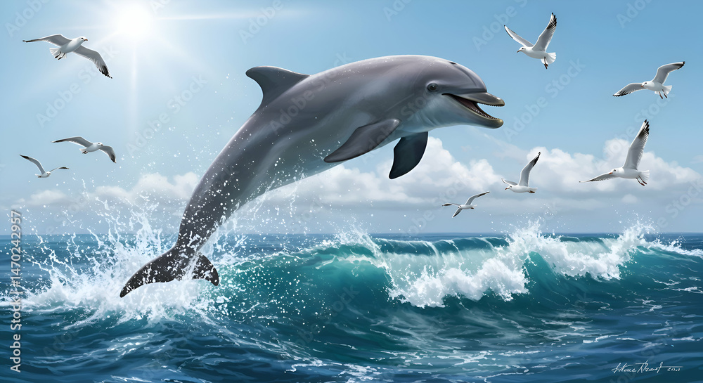 Fototapeta premium Dolphin Leaping From Ocean Waves with Seagulls and Sunshine