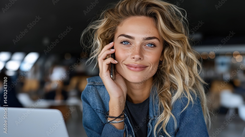 Fototapeta premium Busy female freelancer engaged in a client call at a lively cafeteria during a sunny afternoon