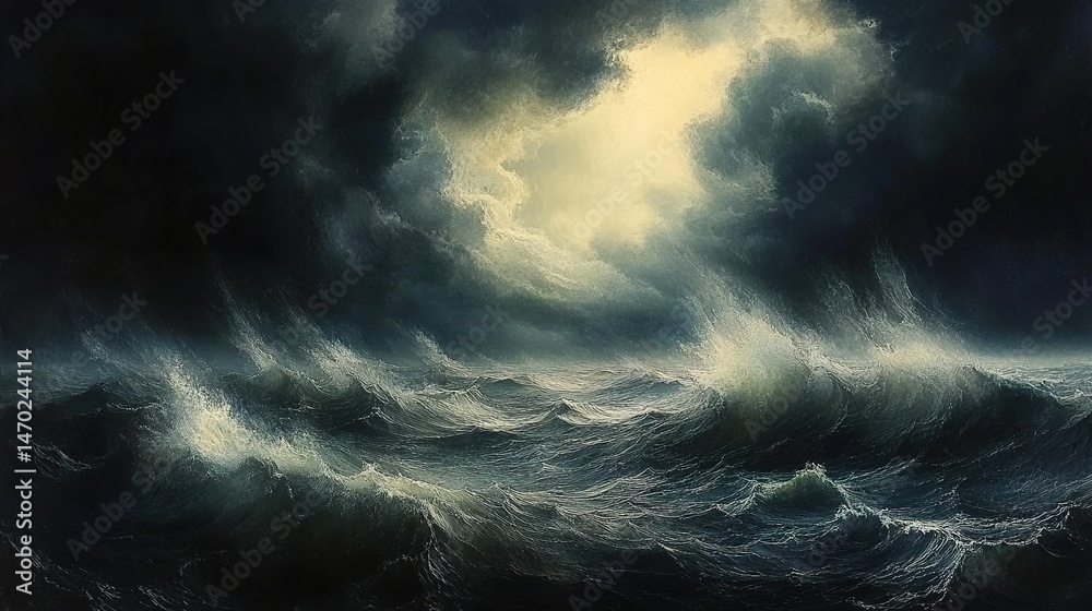 Obraz premium Dramatic painting of stormy sea under dark clouds with light piercing through.