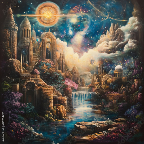 fantasy landscape with castle architecture building and sun in anime style