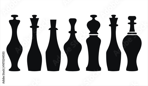 Minimalist Vector Icon Set of Chess Piece and Bottle Silhouettes Isolated on White Background
