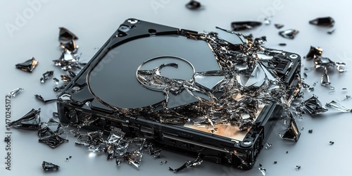 Shattered hard disk drive parts scattered on dark surface.
