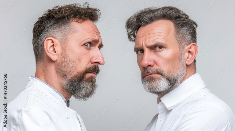 Fototapeta premium Two Skeptical Middle-Aged Men in White Shirts