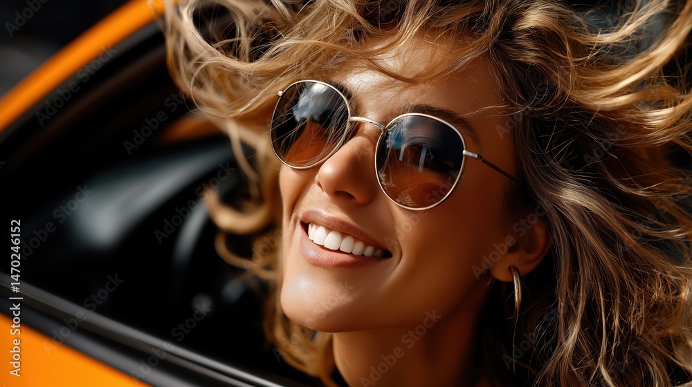 Joyful driver enjoying a sunny day while navigating through vibrant downtown city streets