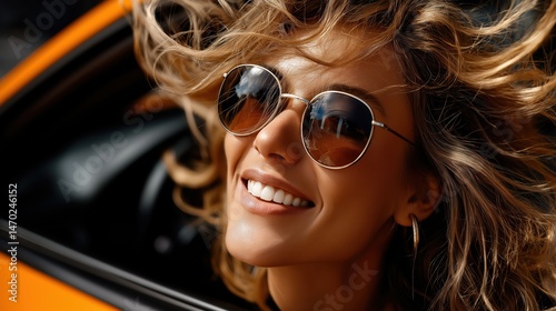 Obraz na płótnie Joyful driver enjoying a sunny day while navigating through vibrant downtown city streets w salonie
