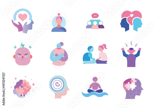 Vector icon set of healthcare and mental health icons on white background
