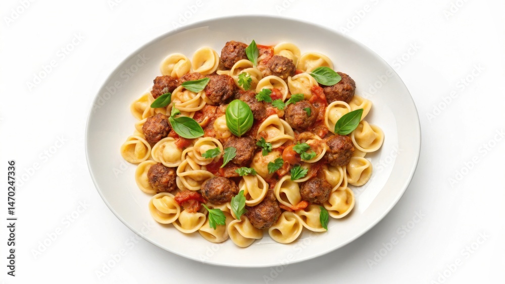 A tempting dish features tender pasta shaped like shells, paired with savory meatballs and garnished with fresh basil. The vibrant colors and inviting aromas create a delightful meal