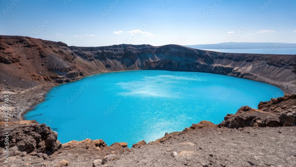 Clear blue waters of a volcanic crater lake are framed by rugged gray rocks. The bright sun illuminates this breathtaking natural wonder, showcasing vibrant colors against a serene background