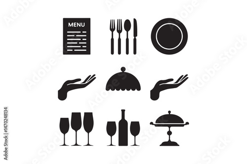 Restaurant Dining Silhouette Icons – Menu, Cutlery, Plate, Wine, and Server Clipart for Hospitality Designs
