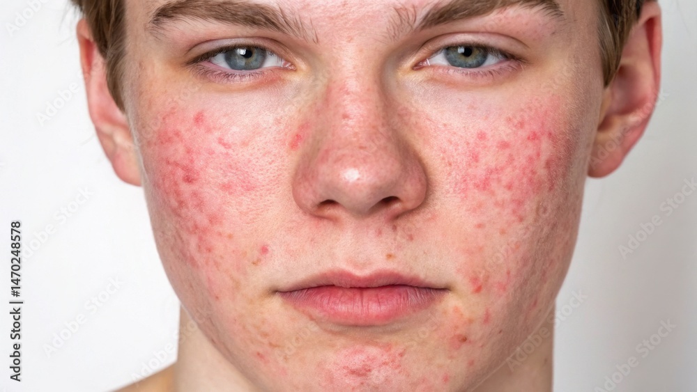 Young boy with acne spots on his face is looking directly at the camera. The setting is indoors with neutral background emphasizing his skin condition and facial features