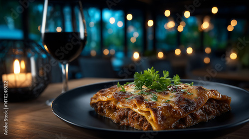 Close-up of a savory lasagna slice garnished with parsley, served on a black plate alongside a glass of red wine in a cozy, softly lit restaurant with bokeh lighting