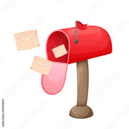 Vector illustration of a mailbox with letters. A red mailbox with a charming design. The cute, open mailbox has cream-colored envelopes flying out, symbolizing sending and receiving mail